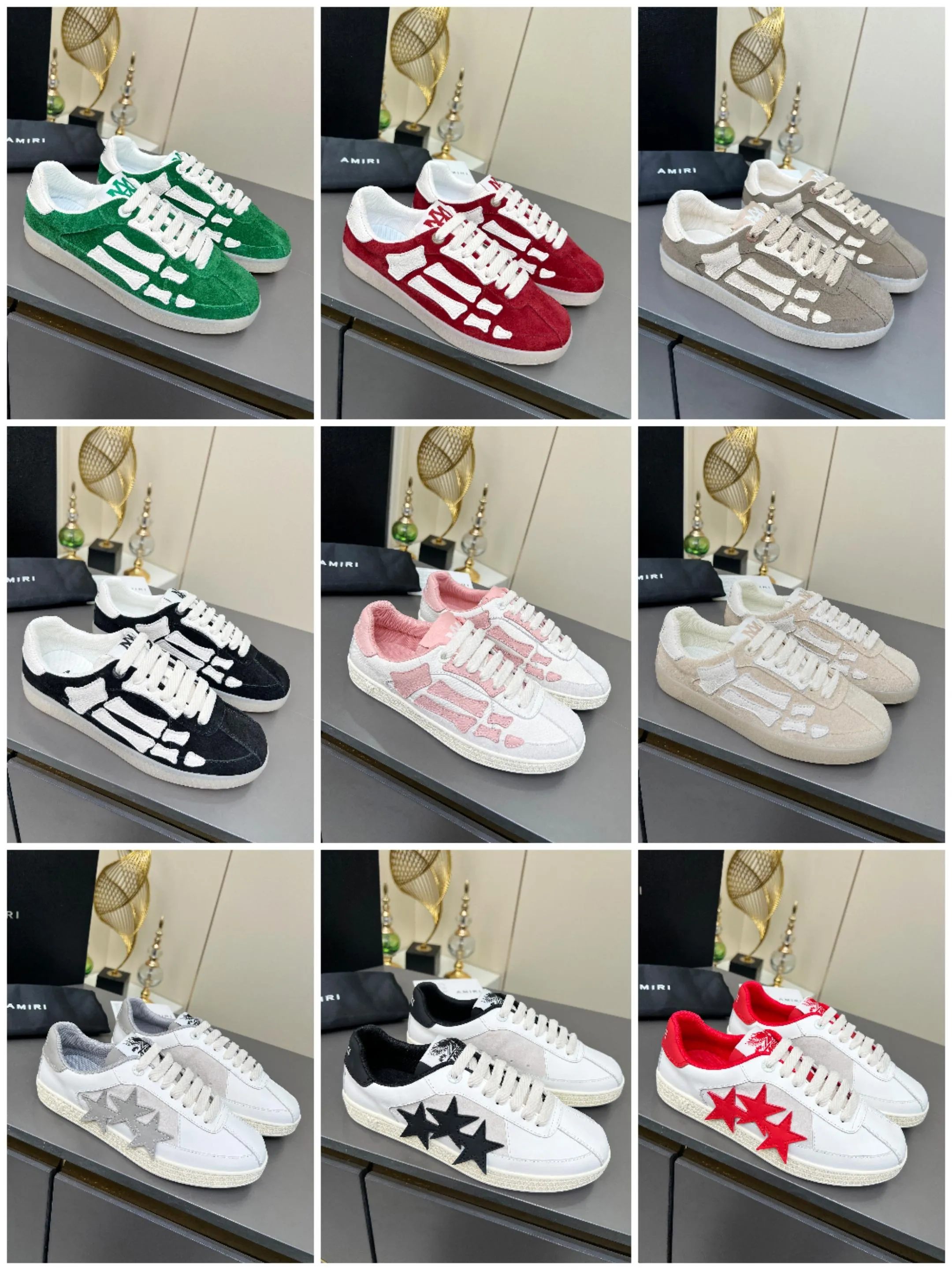 Men's Men's Shoes 💰580 Bone Shoes · AMIRI Skel-Top AMIRI 🔥 launches a new "ThePacific" series of low-top casual sports moral training shoes in the early spring of 2025. This iconic shoe covers men's and women's shoes, drawing inspiration from the brand's classic sports style and elegantly integrating West Coast style. "The Pacific" contrasting five-pointed star series is rooted in Amiri's unique California genes, showing the freedom and leisure atmosphere of the West Coast. This series launches two styles that incorporate the brand's iconic elements: the leather version is made of pure white leather with a same-color sole, and is embellished with star patterns on the side of the shoe, just like the bright starry sky of California. The black and ocean blue colors are shared by men and women, and there is also a red star model exclusive for men and a light pink star model exclusive for women. The suede model is decorated with the brand's classic bone pattern on the side of the shoe. The rubber sole and suede fabric complement each other. The color scheme covers black, chocolate and sand, and is suitable for both men and women. Made of imported cowhide and decorated with bone pieces on the sides of the upper, it is novel and unique and has a good three-dimensional effect! High-density breathable mesh lining + original molded TPU outsole 🙏 Recommended by celebrities, bloggers and internet celebrities, 🚵🏻 an indispensable item for shopping, partying and traveling. One of the most unmissable sneakers in 2025 ✦Color: 10 colors available ✦Size: Women’s size 35--40 ✦Size: Men’s size 39--45